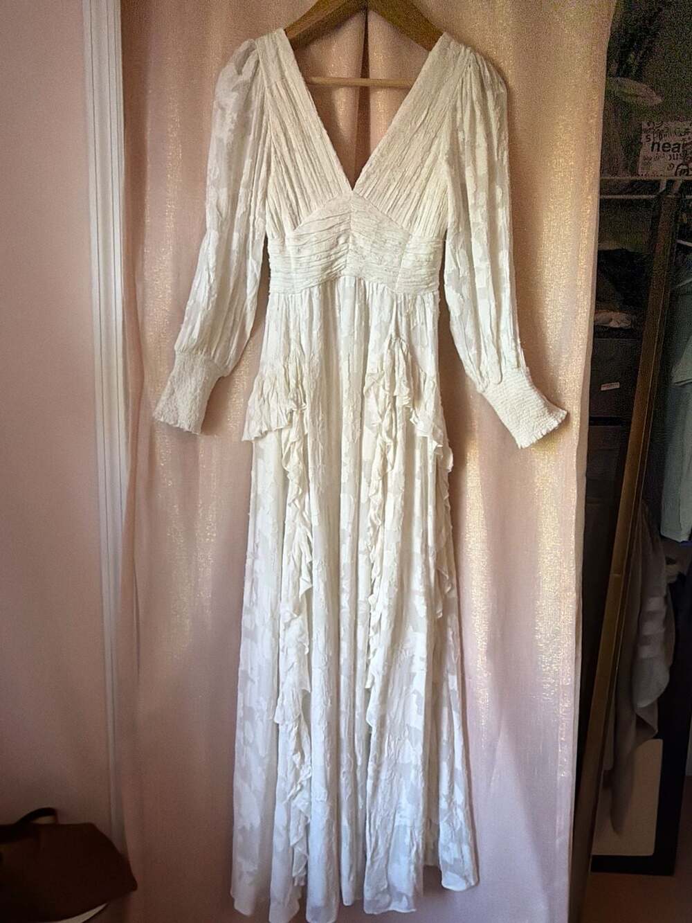 BHLDN Donna Long-Sleeve V-Neck Ruffled Maxi Dress
